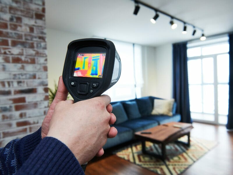 thermal imaging camera inspection of living room in apartment for temperature loss checking